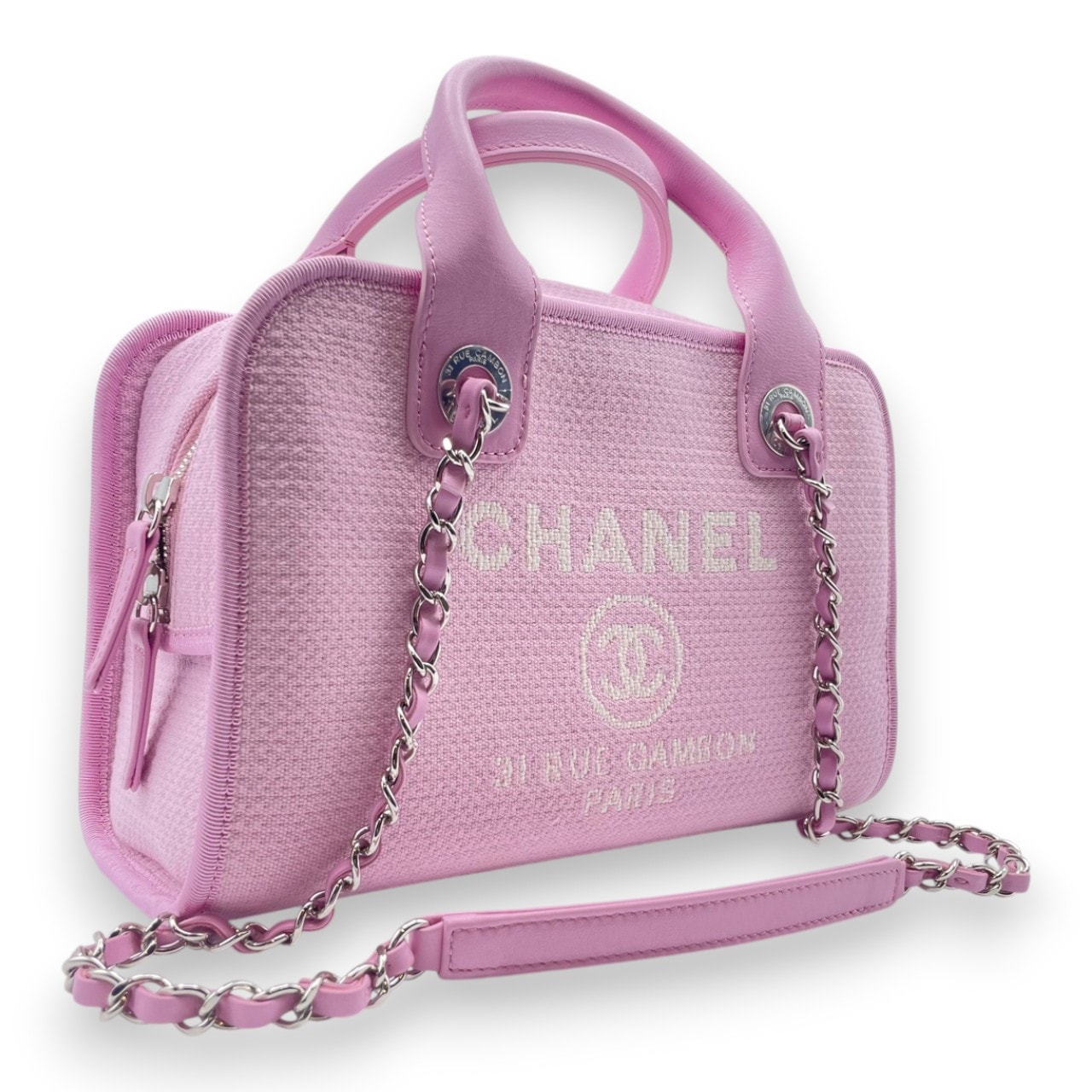 シャネル ドーヴィル ボーリングバッグ A92749 ピンク キャンバス シルバー金具