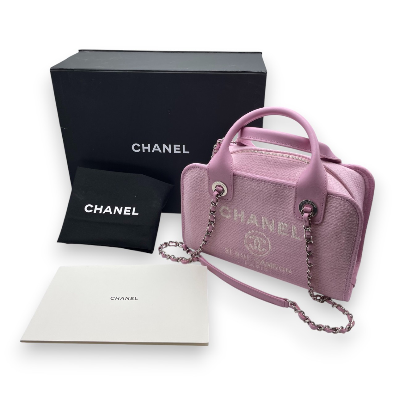 シャネル ドーヴィル ボーリングバッグ A92749 ピンク キャンバス シルバー金具