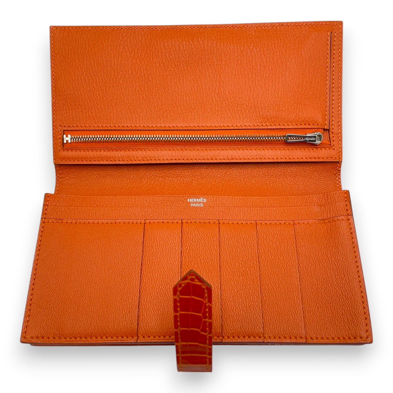 NR49　kt12239tm【HERMES】ベアンスフレ　アリゲーター　A刻印 エルメス ベアンスフレ オレンジ系 アリゲーター シルバー金具 □Q刻印
