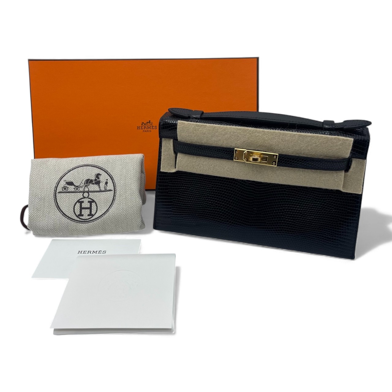 エルメス ポシェットケリー 22 ノワール リザード ゴールド金具 W刻印