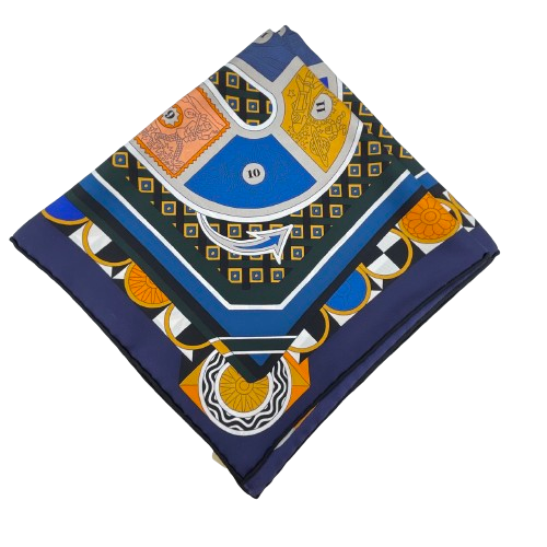 エルメス カレ 90 Le Tour du Monde en 63 Cases marine/orange/bleu 
