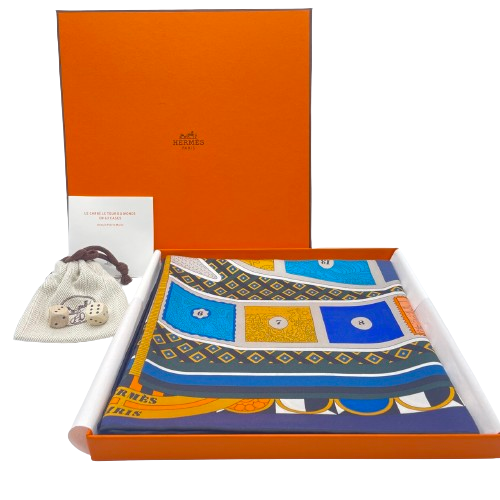 エルメス カレ 90 Le Tour du Monde en 63 Cases marine/orange/bleu 