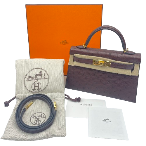 エルメス ミニケリー 20 ルージュセリエ オーストリッチ ゴールド金具