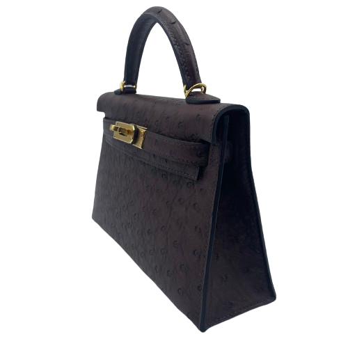 美品◎オーストリッチレザー 黒 ハンドバッグ フランスのケリーバック風◎ エルメス ミニケリー 20 ルージュセリエ オーストリッチ ゴールド金具