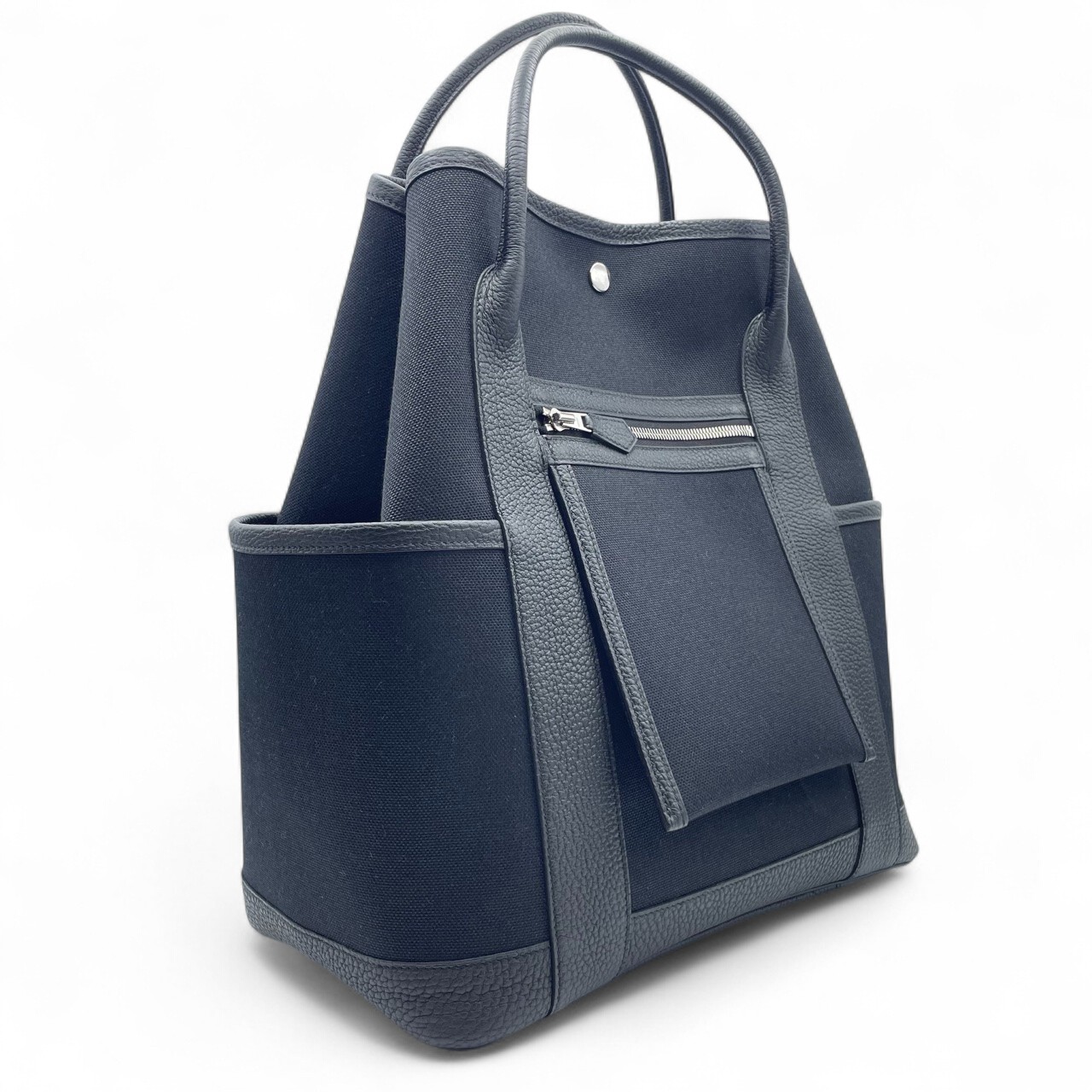 【定価以下】エルメス ガーデンパーティ ポケット ヴェルティカル W33.5 ノワール ネゴンダカーフ/ミリタリーキャンバス シルバー金具 W刻印
