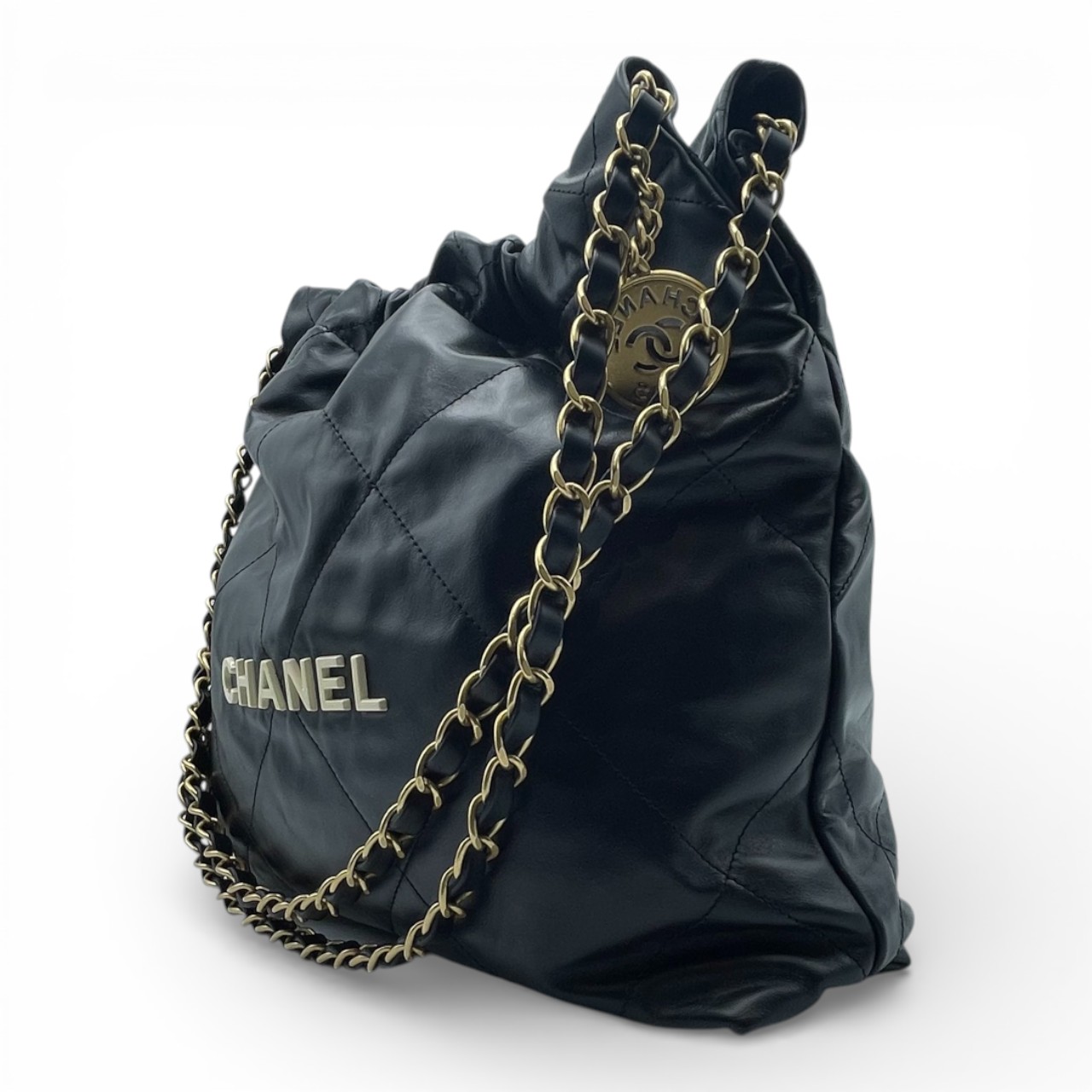 【現金特価】シャネル CHANEL22 スモール ハンドバッグ ブラック カーフスキン ゴールド金具