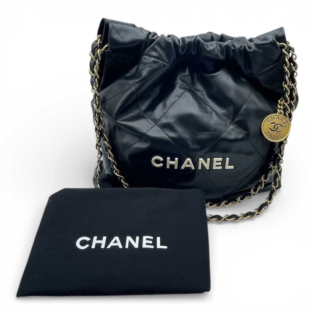 【現金特価】シャネル CHANEL22 スモール ハンドバッグ ブラック カーフスキン ゴールド金具