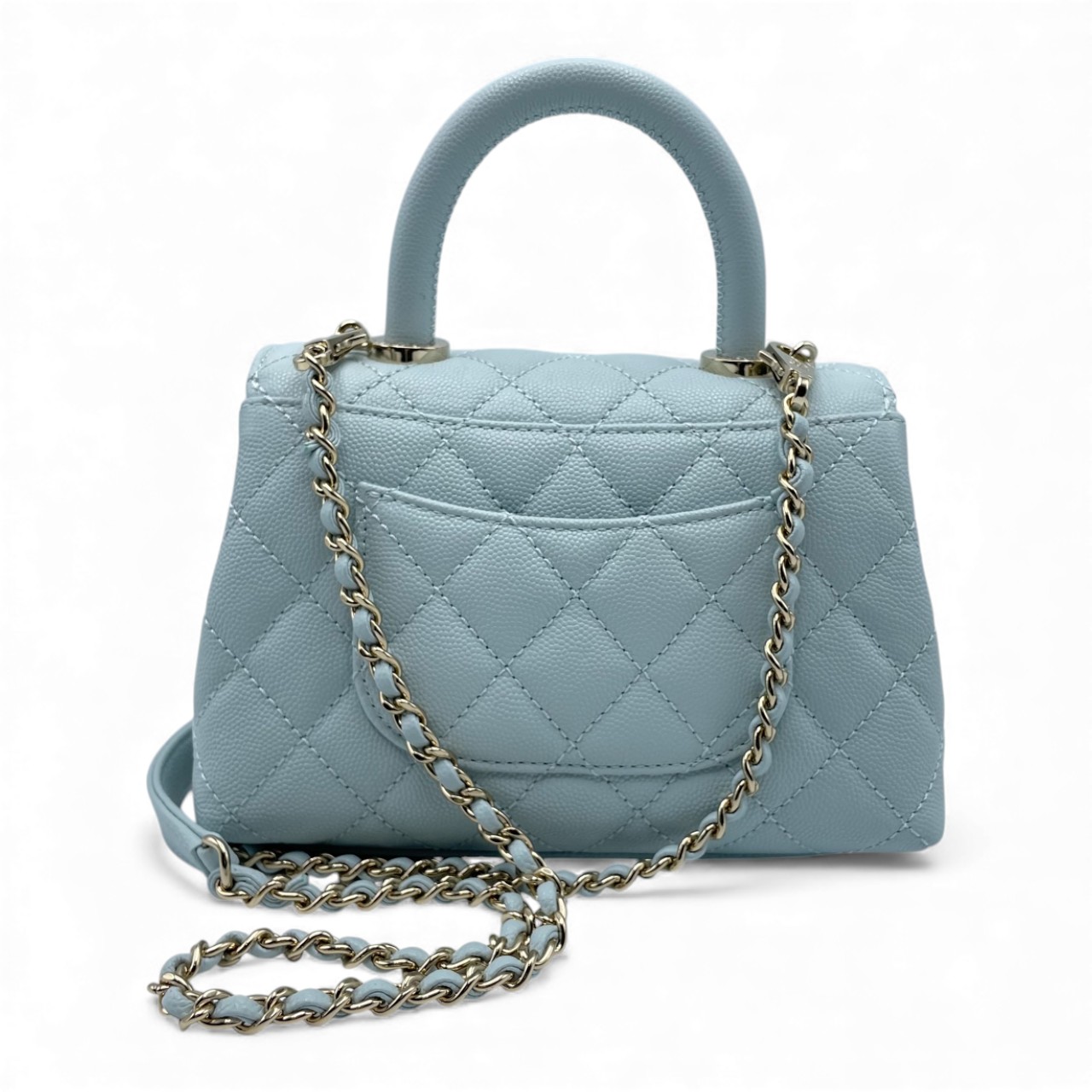 シャネル ココハンドル W19 ライトブルー キャビアスキン ゴールド金具