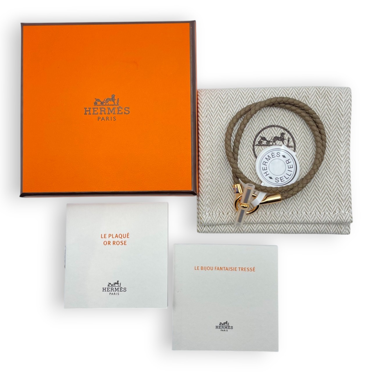 エルメス レザーブレスレット グレナン ドゥブルトゥール トレッセ T2(15.5cm) エトゥープ ヴォー・スウィフト ゴールデンローズ金具