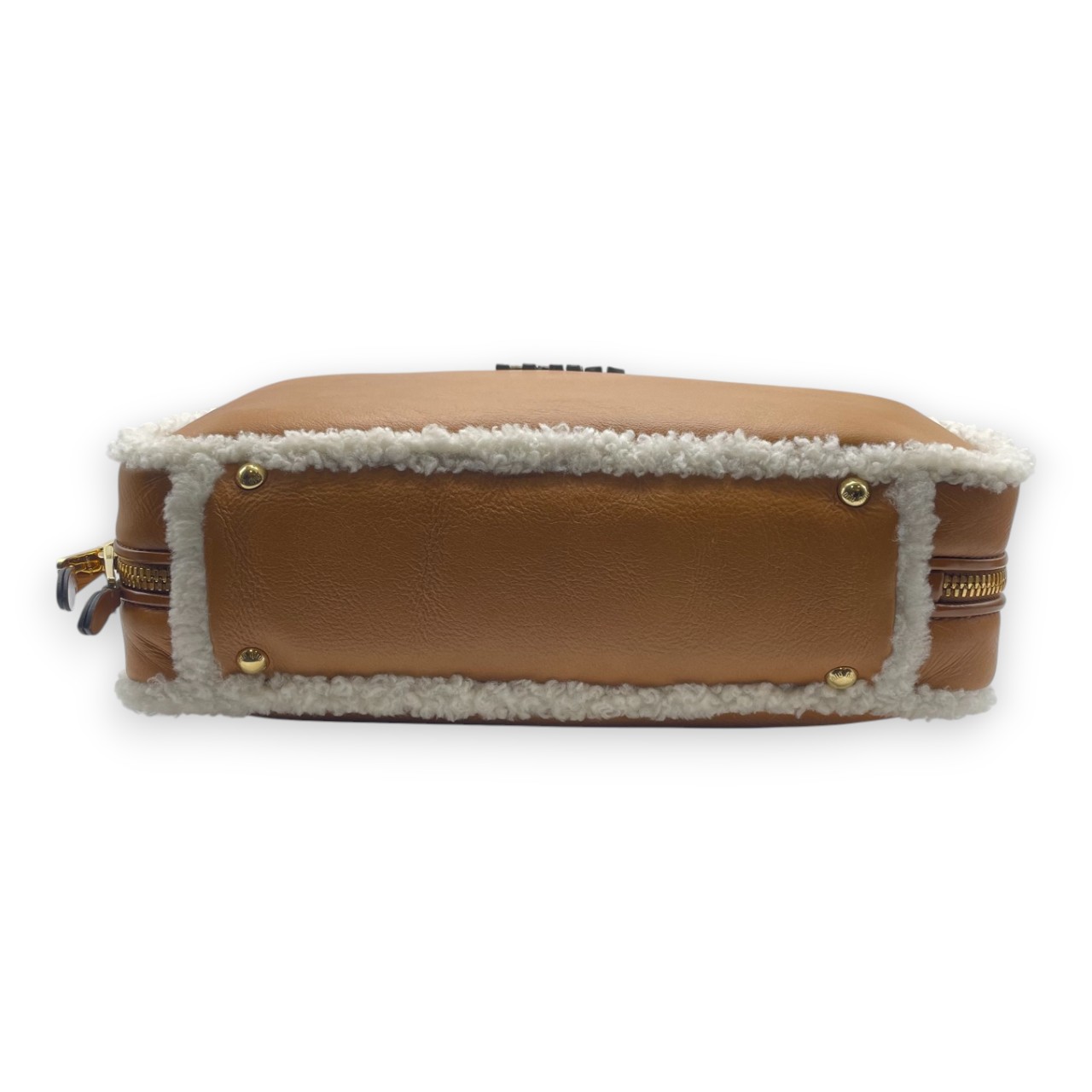 ミュウミュウ シアリング トップハンドル ボー バッグ 34 コニャック／ナチュラル 羊革 ゴールド金具