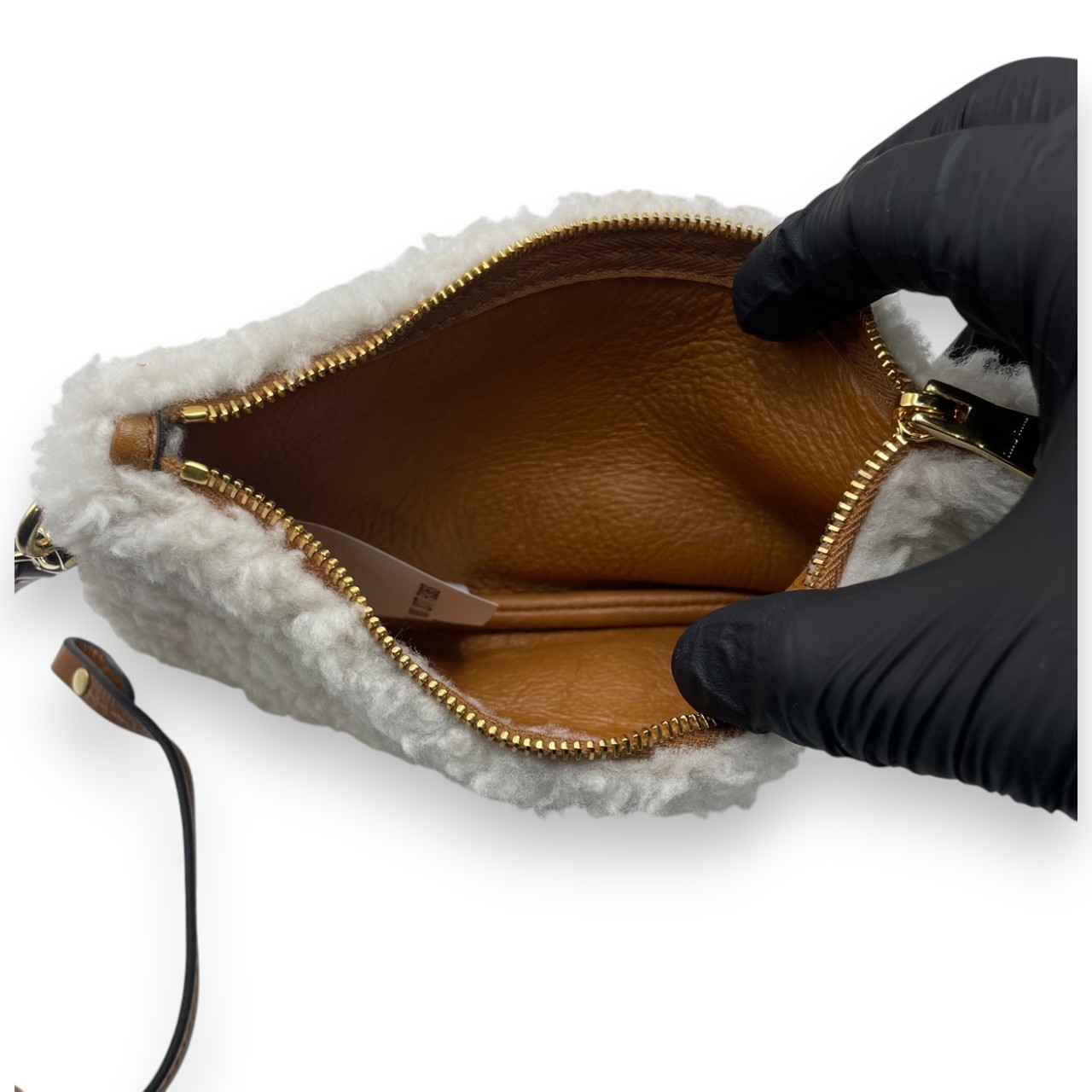 ミュウミュウ シアリング トップハンドル ボー バッグ 34 コニャック／ナチュラル 羊革 ゴールド金具