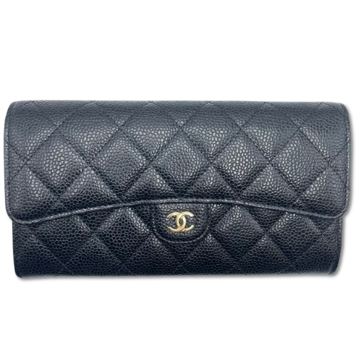 シャネル クラッシック ロングフラップ ウォレット AP0241 ブラック キャビアスキン ゴールド金具