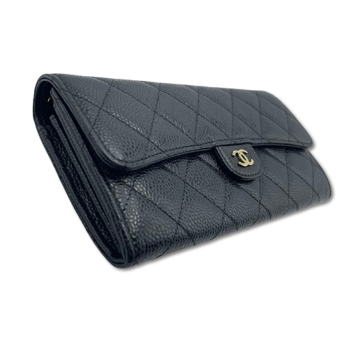 シャネル クラッシック ロングフラップ ウォレット AP0241 ブラック キャビアスキン ゴールド金具