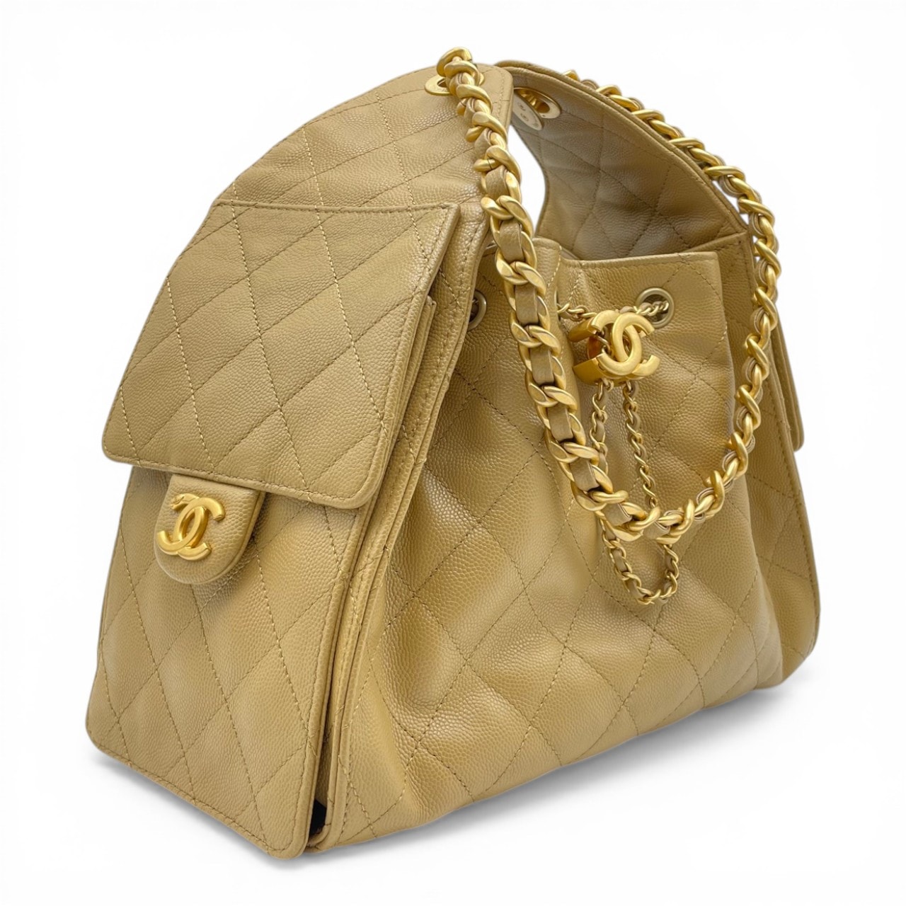 シャネル CHANEL 25 スモール ハンドバッグ ホーボーバッグ ベージュ グレインド カーフスキン ゴールド金具