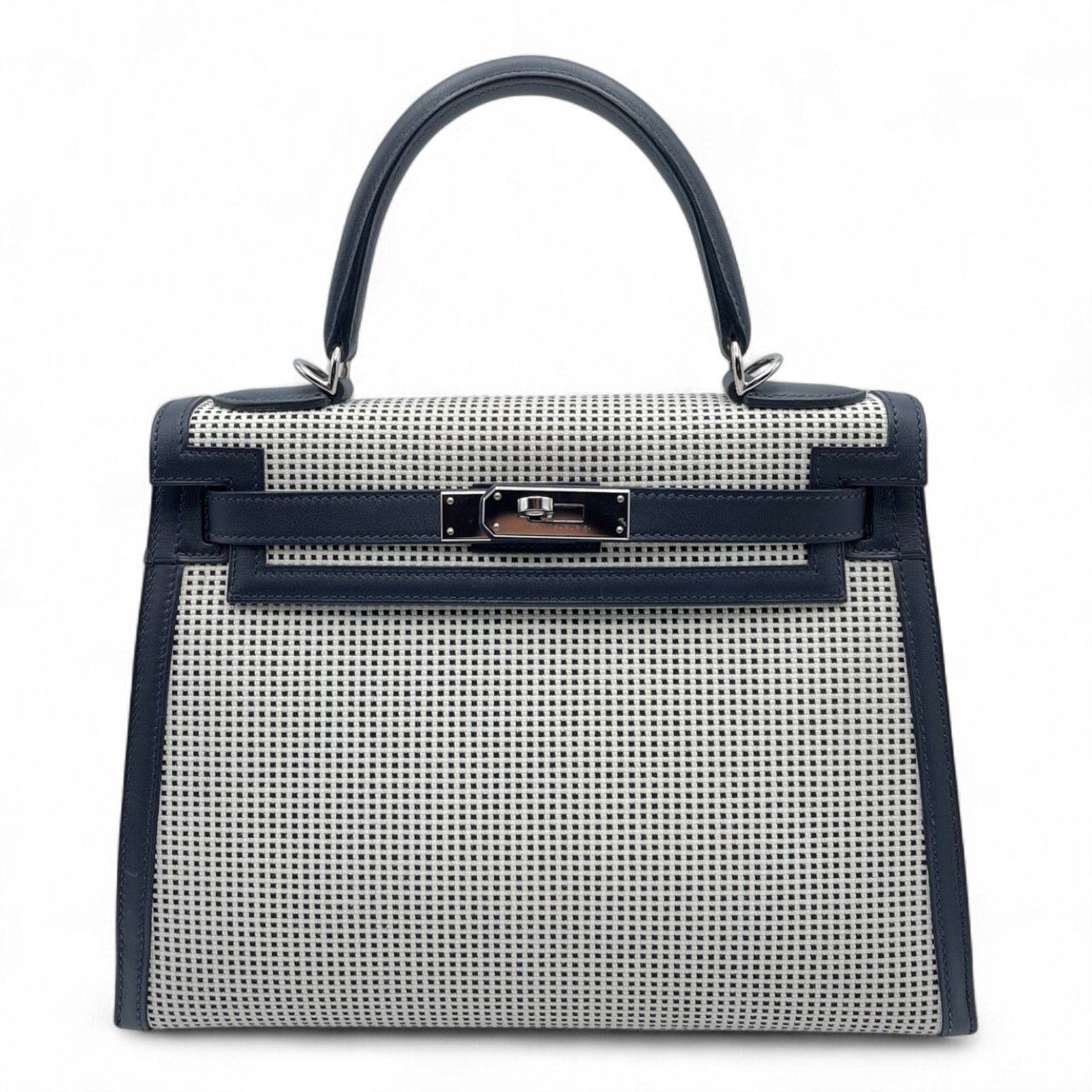 エルメス ケリー 28 ナチュラル/ネイビー トワルキャドリーユ/スイフト シルバー金具 U刻印