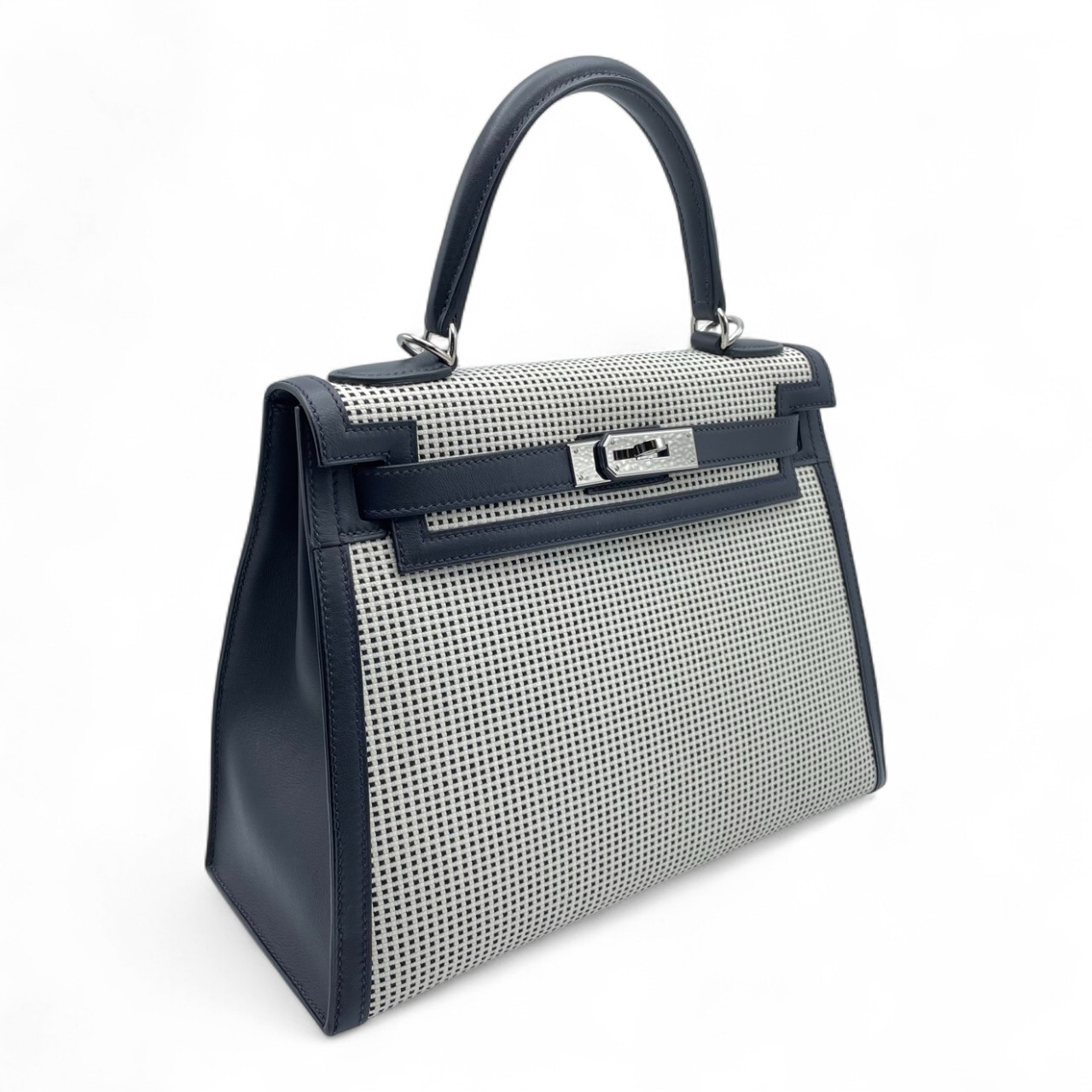 エルメス ケリー 28 ナチュラル/ネイビー トワルキャドリーユ/スイフト シルバー金具 U刻印