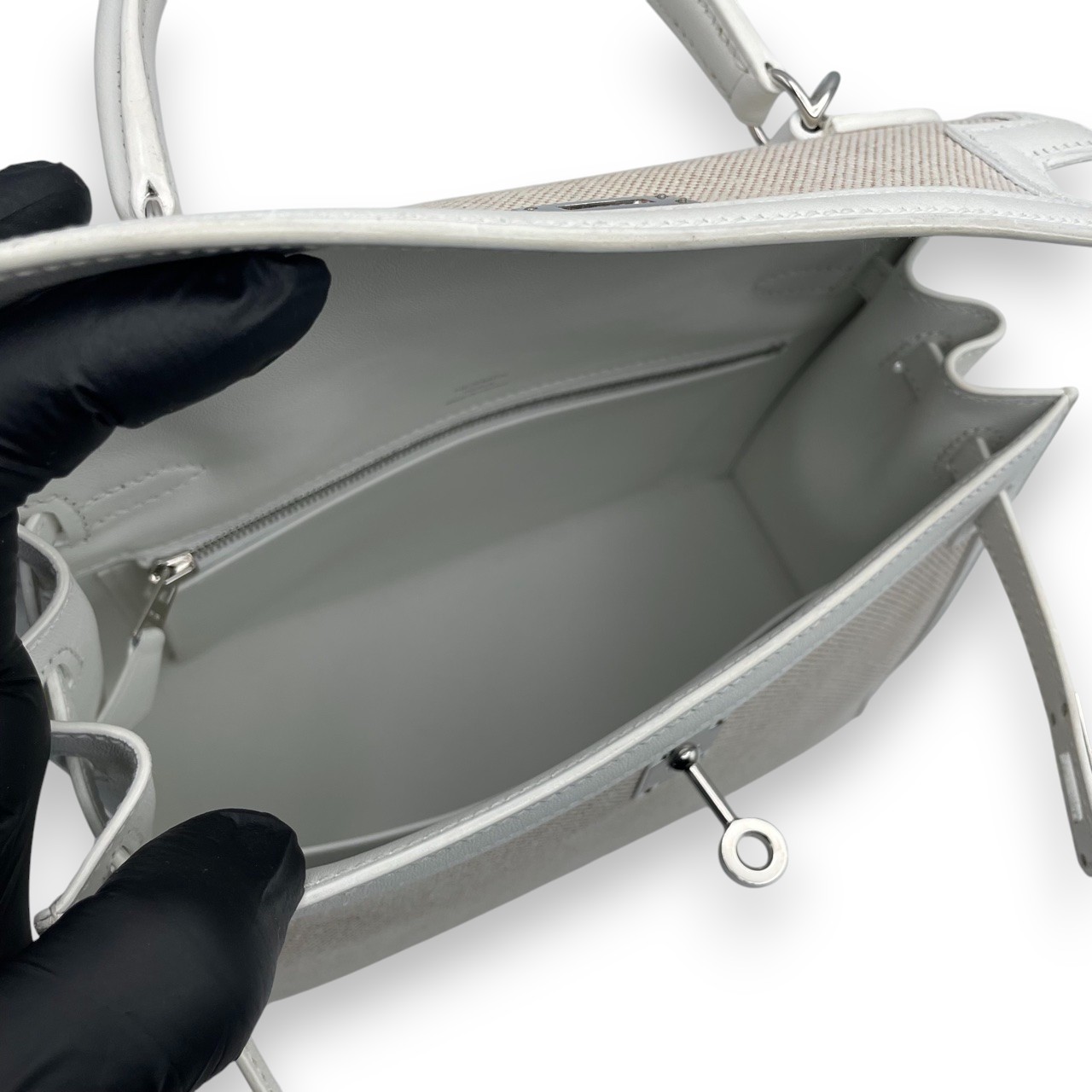 エルメス ケリー 25 エクリュ/ニューホワイト トワルアッシュ/スイフト シルバー金具 B刻印