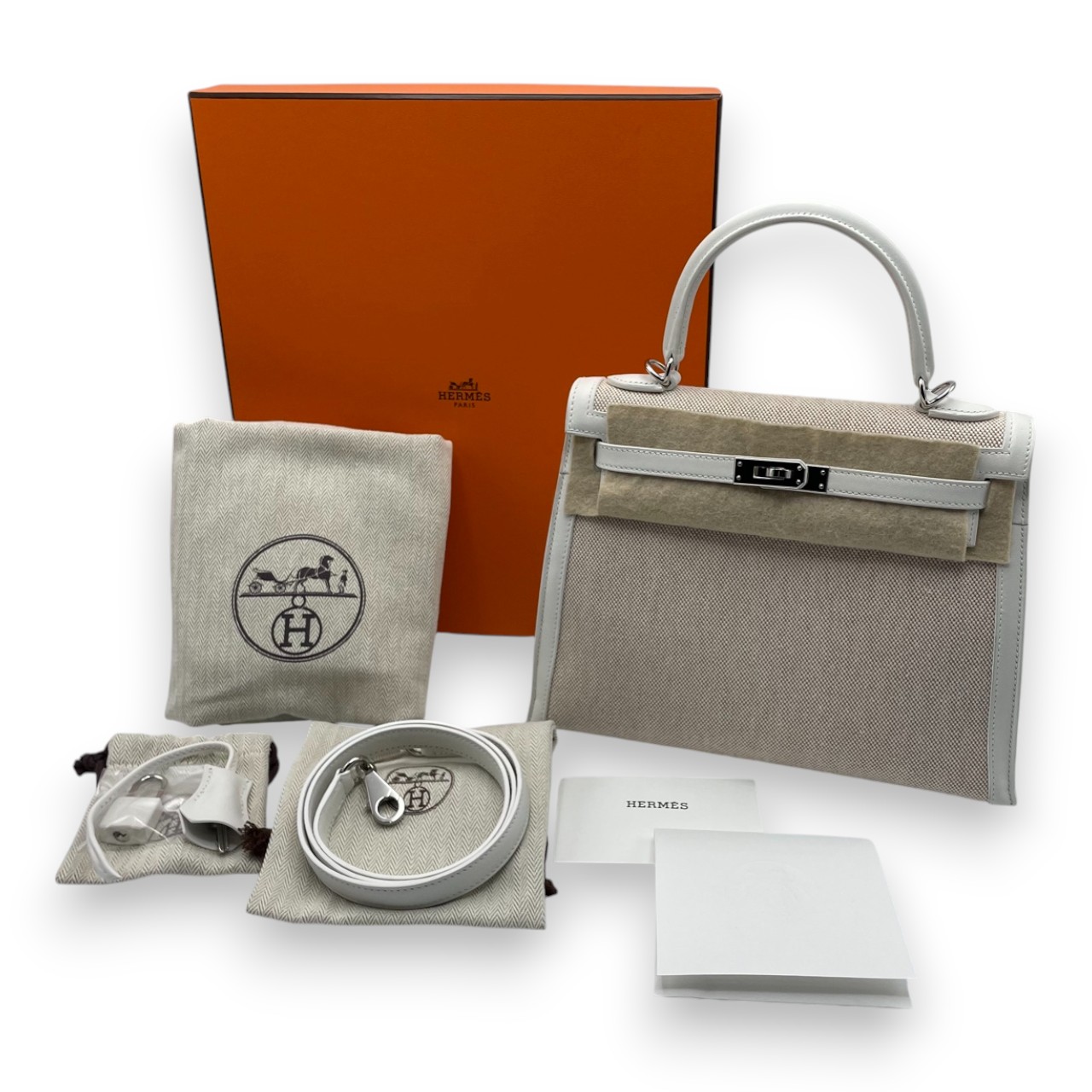 エルメス ケリー 25 エクリュ/ニューホワイト トワルアッシュ/スイフト シルバー金具 B刻印