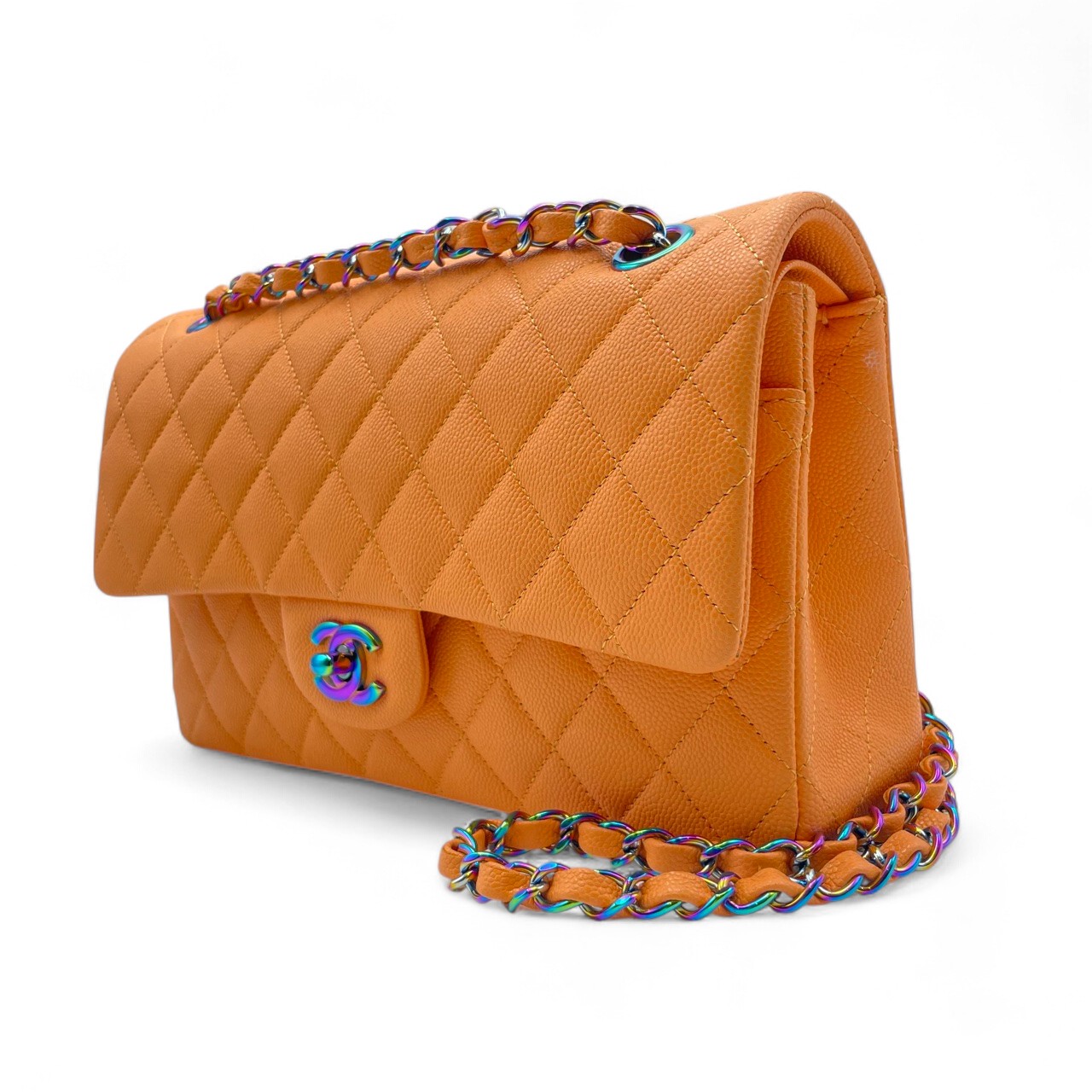 極美品 シャネル マトラッセ金具 サマーTシャツ カシミヤシルク Mサイズ シャネル マトラッセ W25 オレンジ キャビアスキン シルバー金具