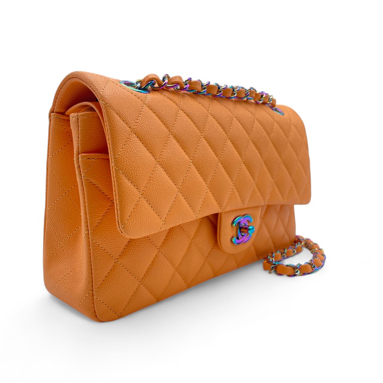 シャネル マトラッセ W25 オレンジ キャビアスキン シルバー金具