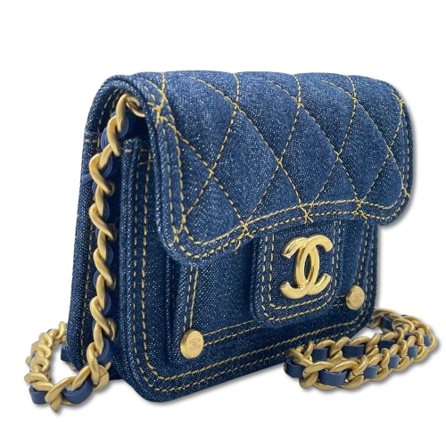 シャネル チェーンショルダーバッグ ブルー デニム ゴールド金具