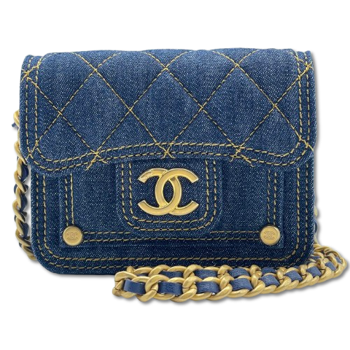 シャネル チェーンショルダーバッグ ブルー デニム ゴールド金具