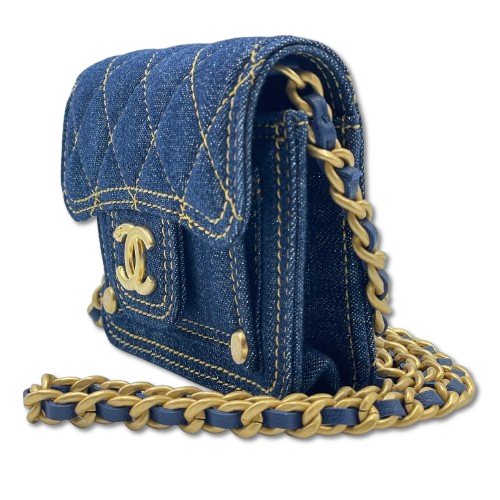 シャネル チェーンショルダーバッグ ブルー デニム ゴールド金具