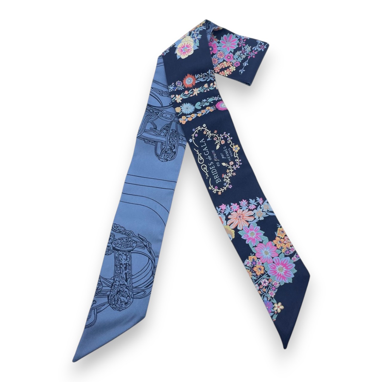 エルメス ツイリー ブリッド・ドゥ・ガラ・アン・フルール＆アイライナー マリン/ピンク/ブルージーン シルク100%