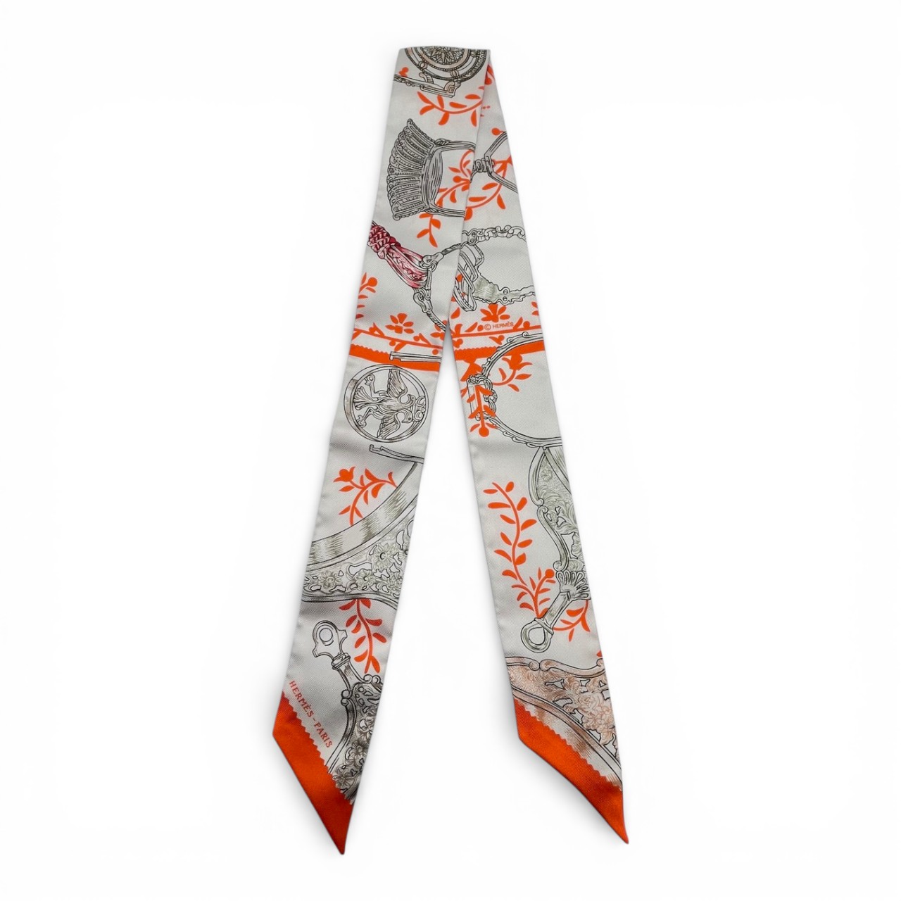 エルメス ツイリー 鐙 リミックス バーベナ/オレンジ/カーキ シルク100%