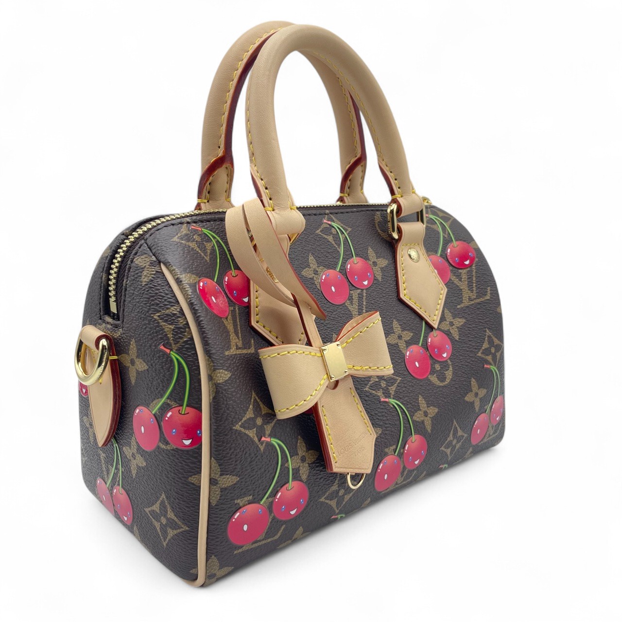 ルイヴィトン LV × TM スピーディ バンドリエール 20 モノグラム・チェリー キャンバス カウハイドレザー ゴールド金具