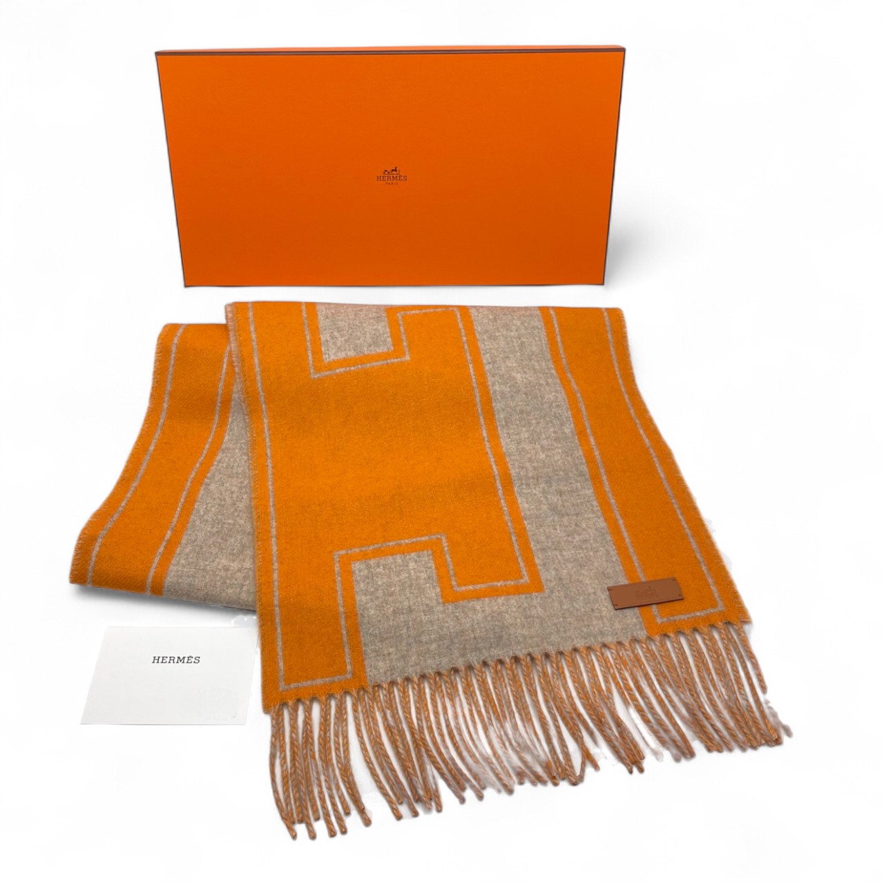 エルメス マフラー クレ・ドゥ・H 30×160 ベージュ・シネ / オレンジ