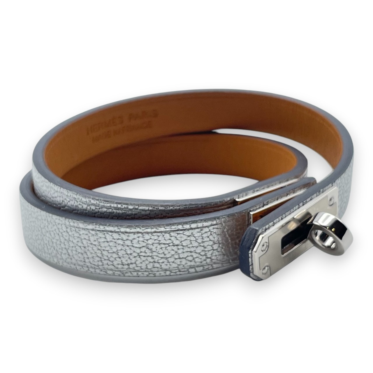 美品 エルメス HERMES ドゥブルトゥール ブレスレット レザー グレー エルメス レザーブレスレット 《ミニ・ケリー》 ドゥブルトゥール T2