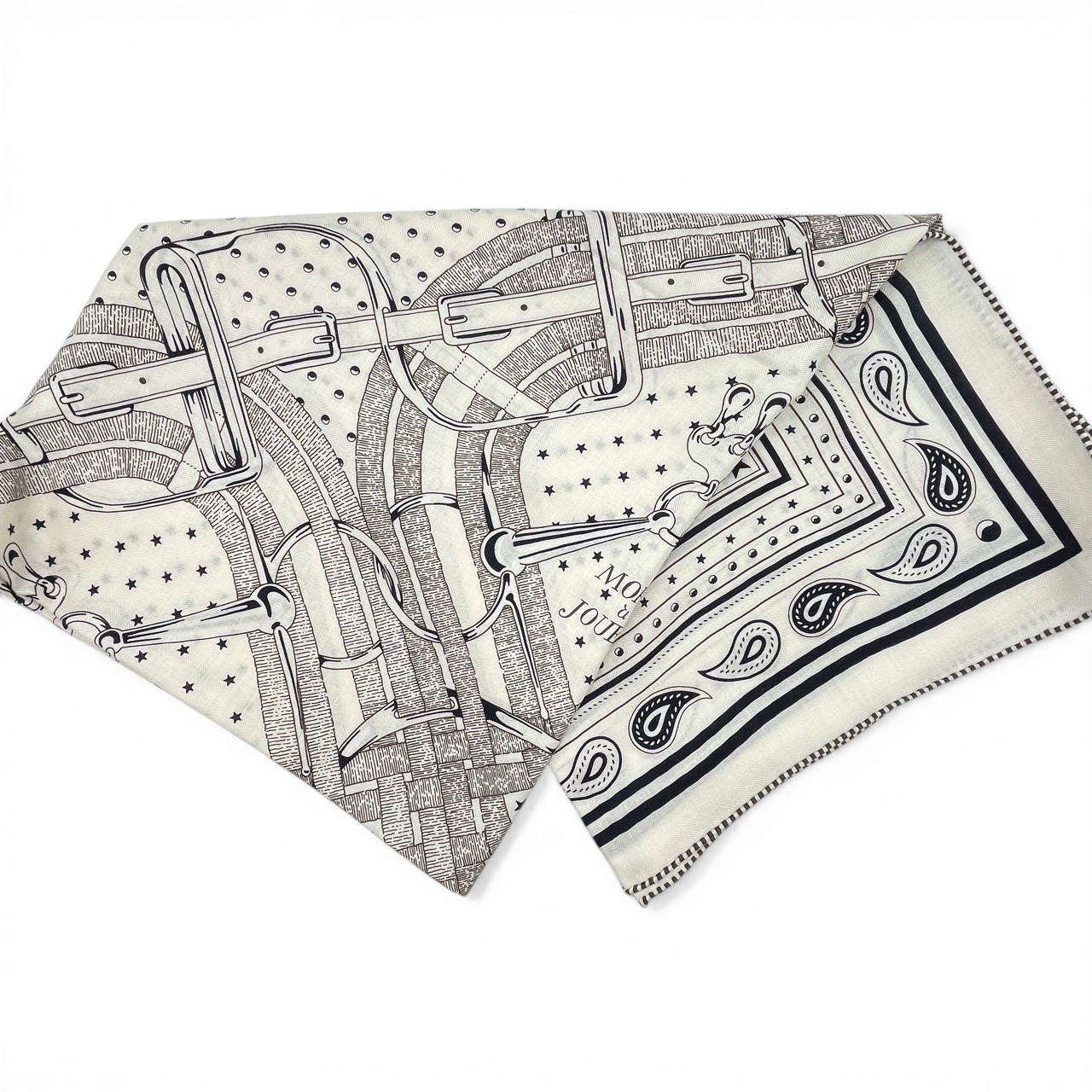 エルメス カレジェアン 140 馬銜・バンダナ 白/ブルーマリン／エベンヌ カシミヤ/シルク