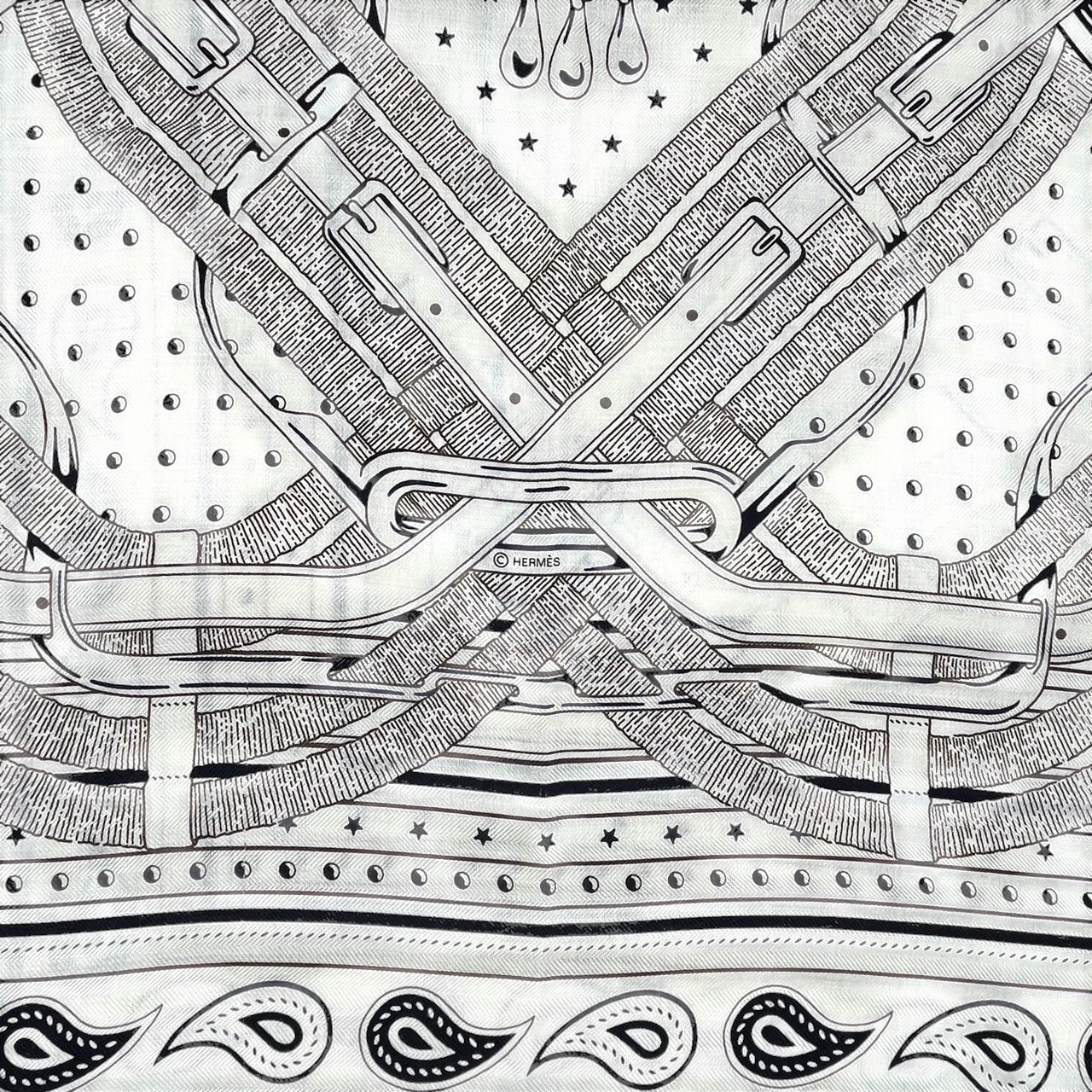 エルメス カレジェアン 140 馬銜・バンダナ 白/ブルーマリン／エベンヌ カシミヤ/シルク