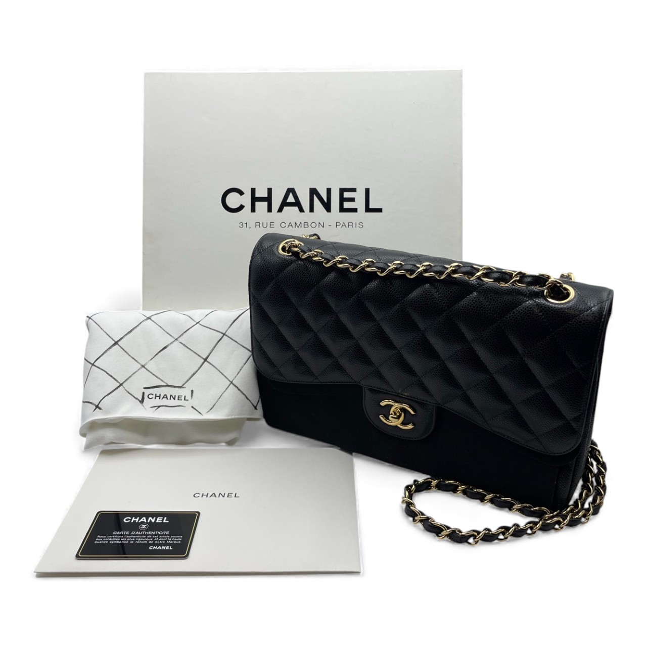 シャネル マトラッセ W19.5 ブラック キャビアスキン ゴールド金具