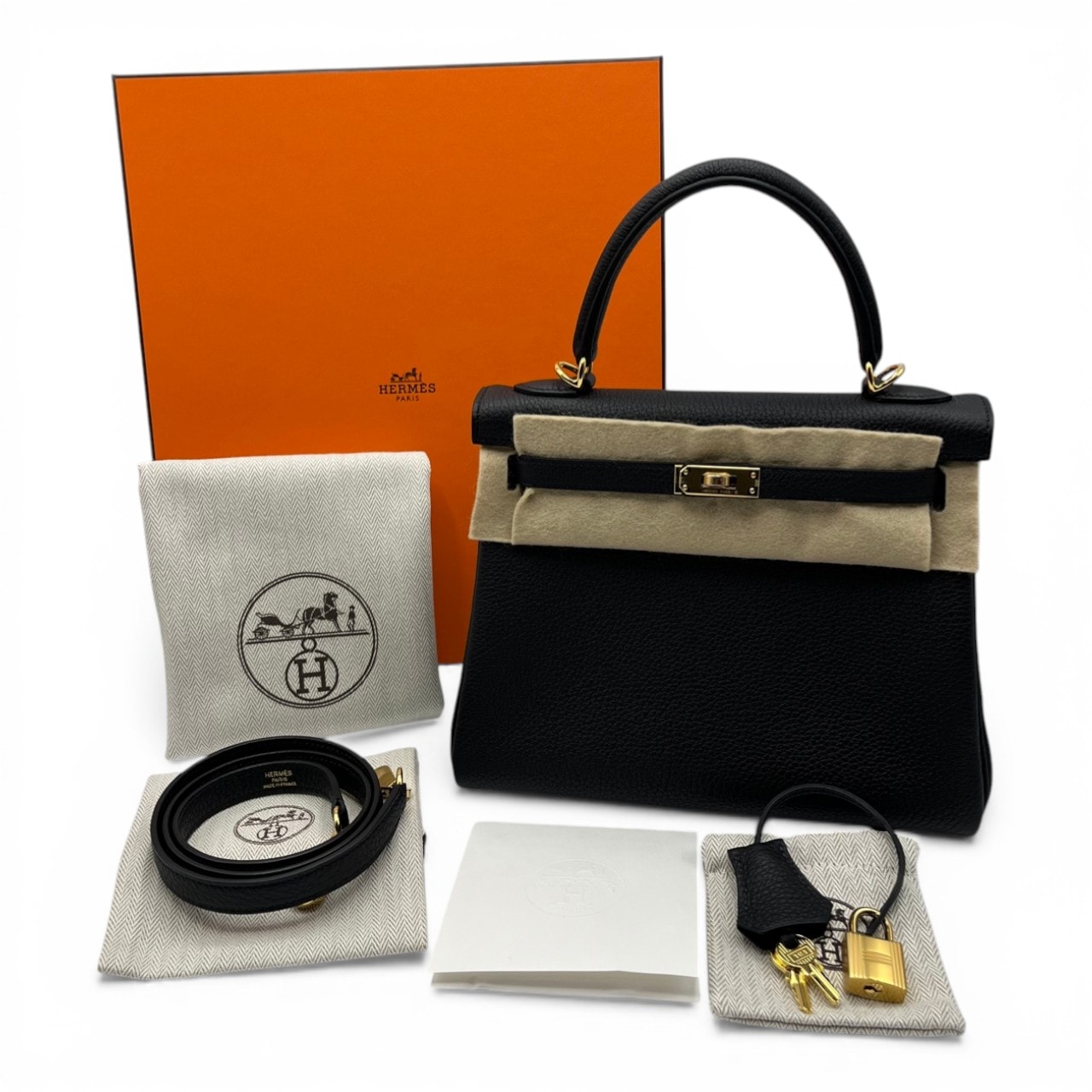 エルメス ケリー 25 ノワール トゴ ゴールド金具 G刻印