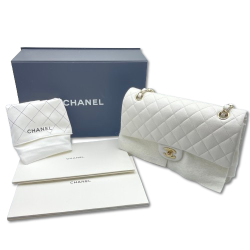 シャネル マトラッセ W25 ホワイト キャビアスキン ゴールド金具