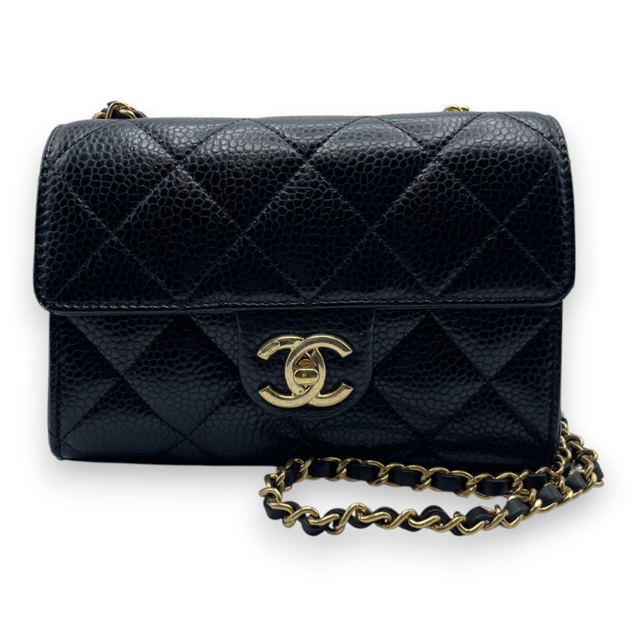 CHANEL 【ノベルティ】チェーン フラップバッグ/キャビアスキン シャネル ミニ フラップバッグ 19 ブラック キャビアスキン ゴールド