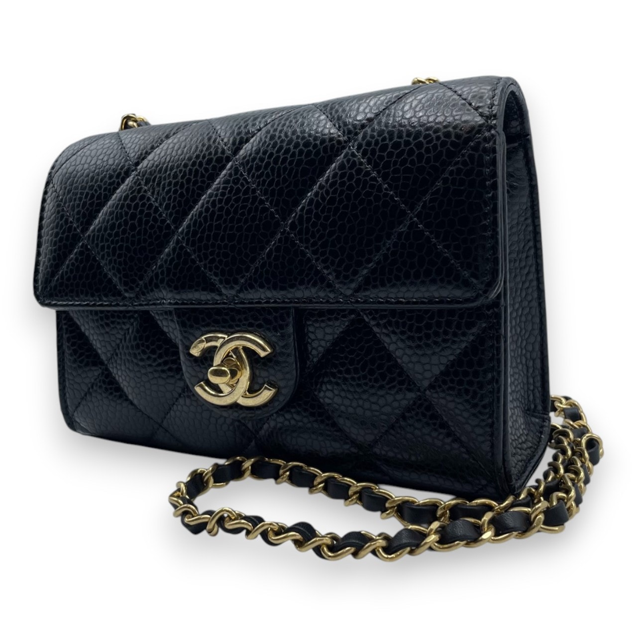 シャネル ミニ フラップバッグ 19 ブラック キャビアスキン ゴールド金具