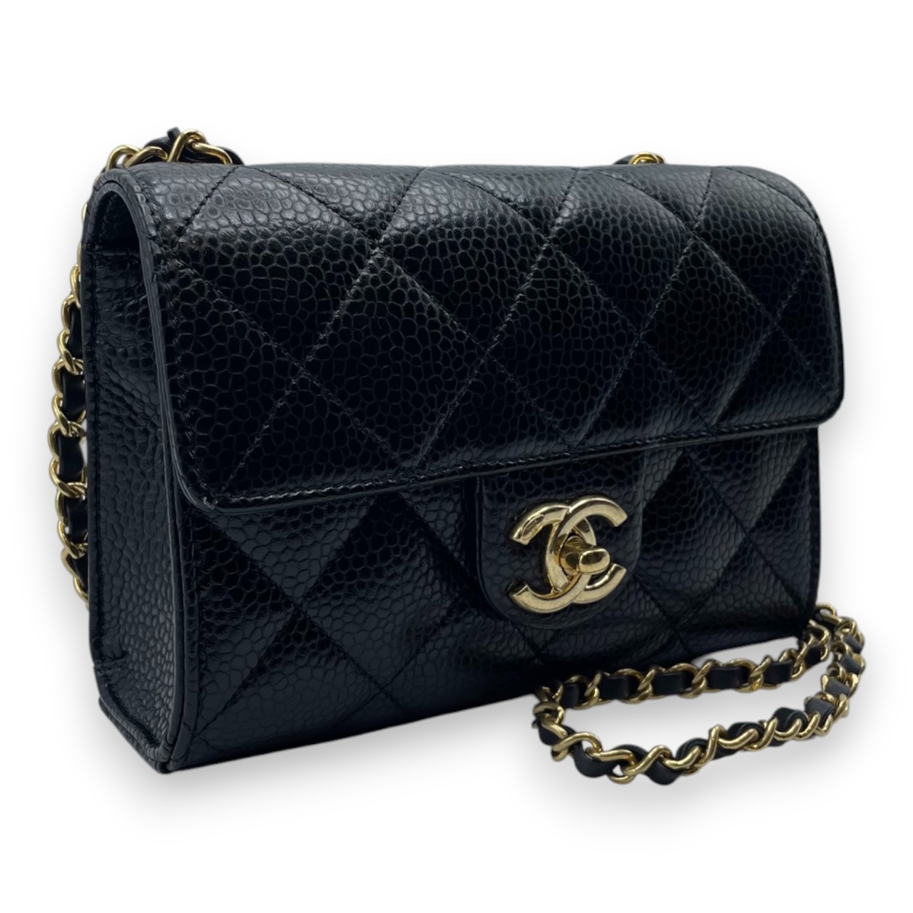 シャネル ミニ フラップバッグ 19 ブラック キャビアスキン ゴールド