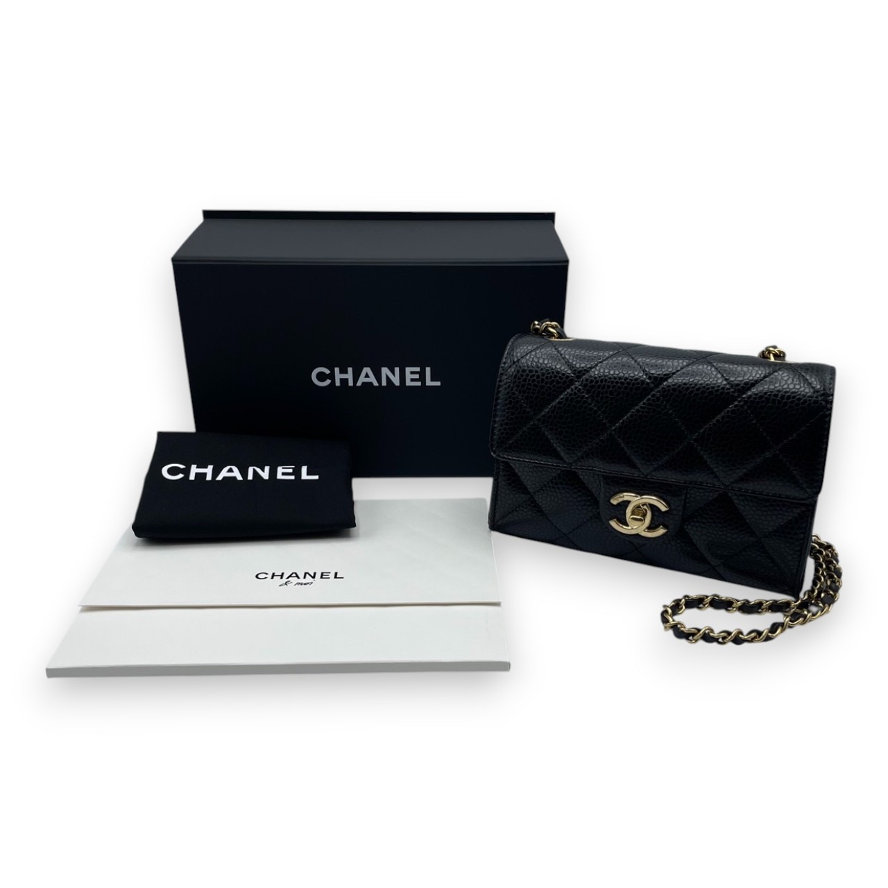 シャネル ミニ フラップバッグ 19 ブラック キャビアスキン ゴールド