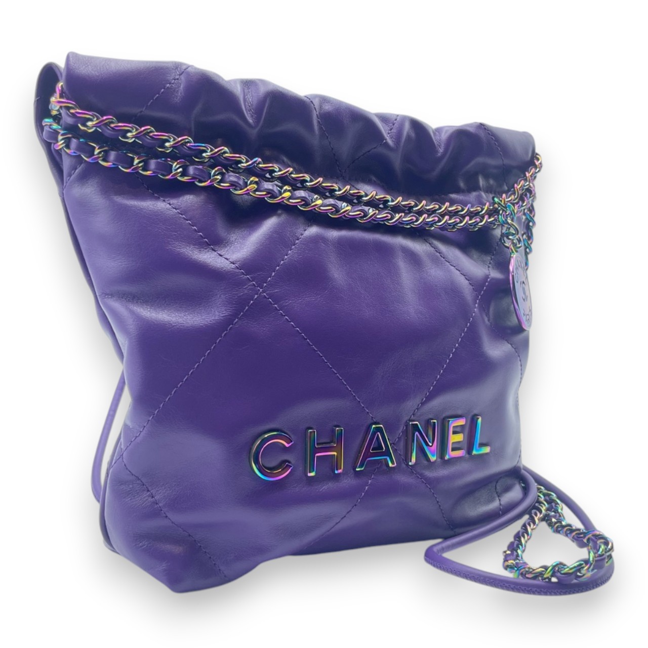 シャネル CHANEL22 ミニ ハンドバッグ パープル シャイニーカーフスキン レインボー金具