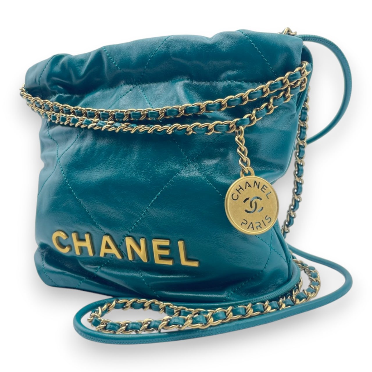 シャネル CHANEL22 ミニ ハンドバッグ グリーン シャイニーカーフスキン ゴールド金具