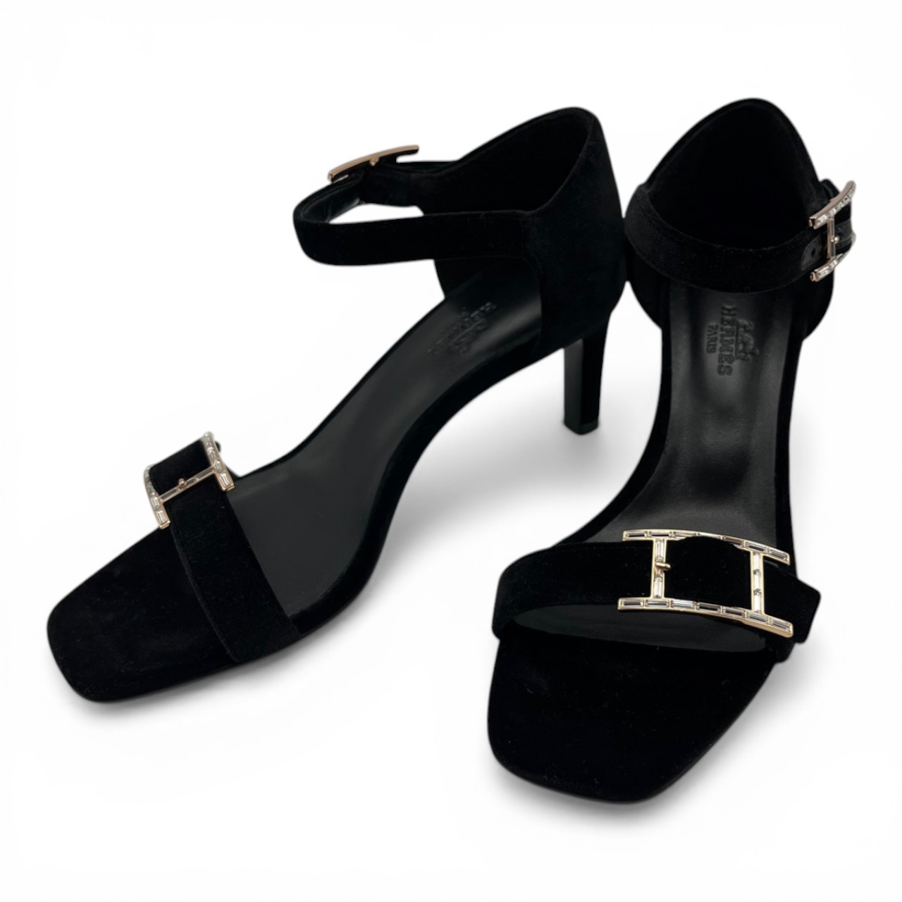 エルメス ジュディ70 サンダル 36.5 ノワール  ベルベット ローズゴールド金具 23cm