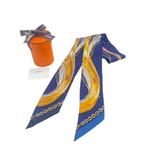 エルメス ツイリー CAVACADES 騎馬行進 マリン/ゴールド/グリス シルク100％