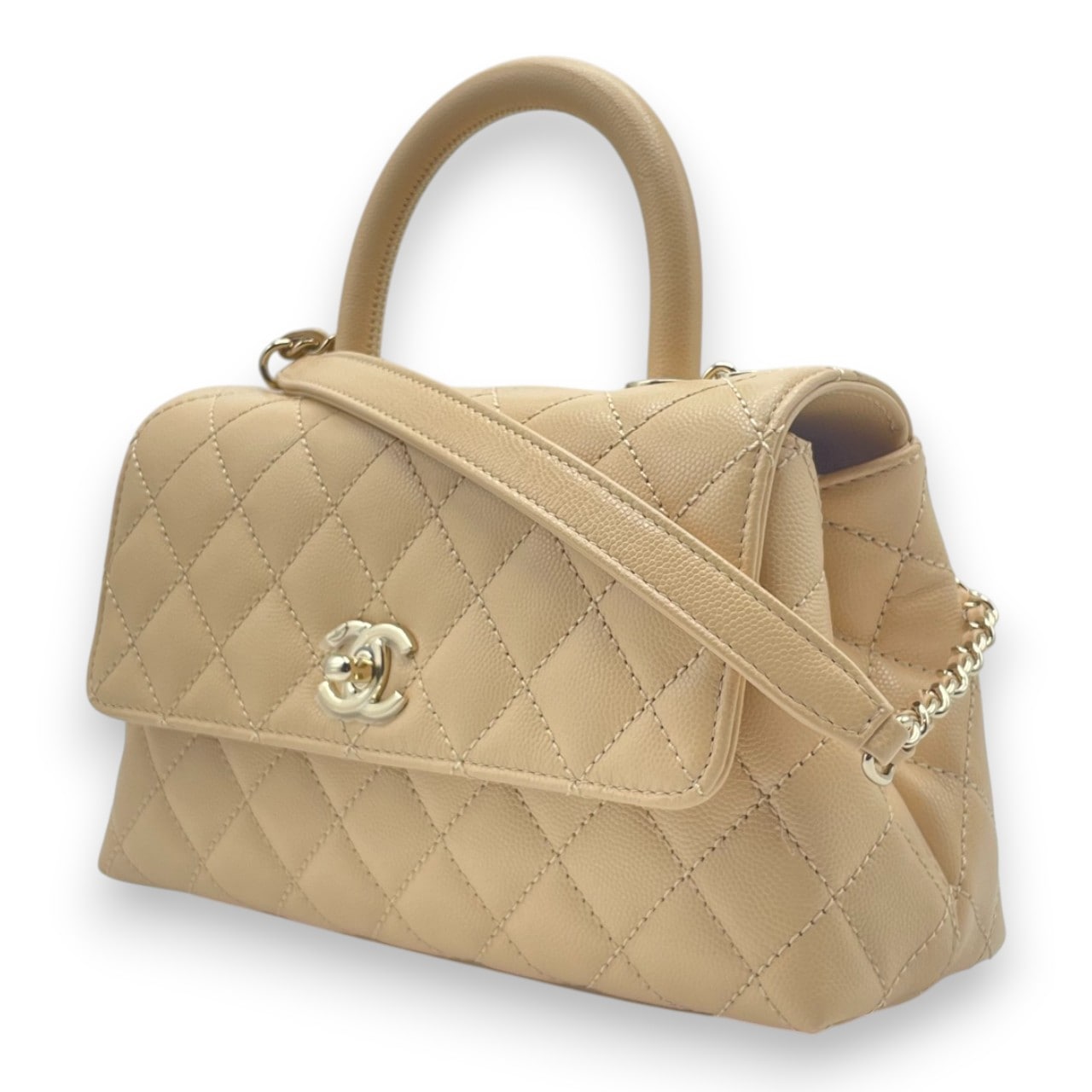 シャネル ココハンドル W24 ベージュ キャビアスキン ゴールド金具