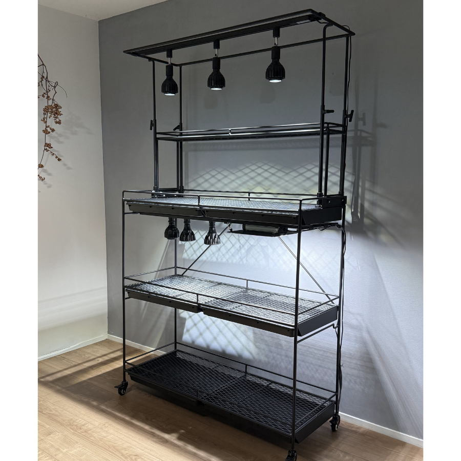 アイアン植物棚、水受けトレー付き、ライティングレール付き！ライト高さ調整可能バー アイアン植物棚、水受けトレー付き、ライティングレール付き！ライト高