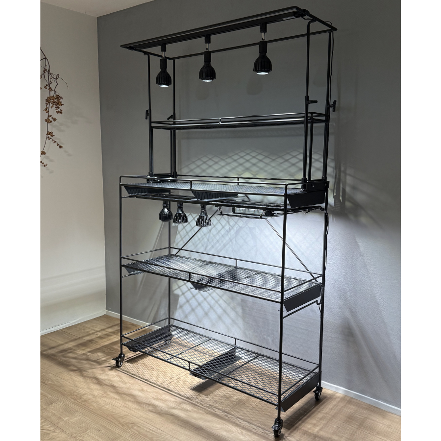 植物棚水受けトレー付き、ライティングレール付き！ライト高さ調整可能バー通気性抜群 全段水受けトレー付き植物棚 ライティングレール ボタニカルシェルフ