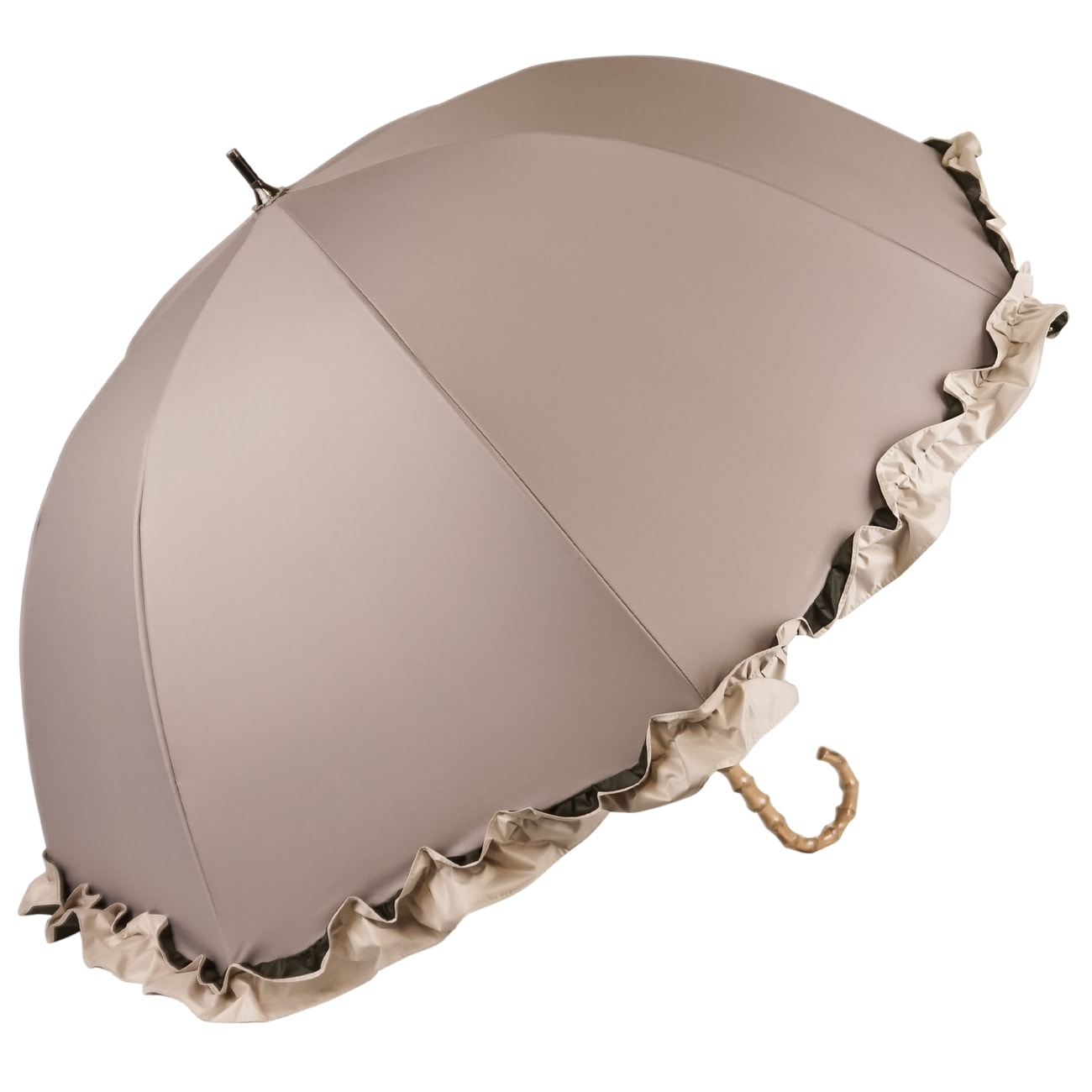 【再入荷】100％完全遮光 日傘/雨傘/晴雨兼用傘 竹製ハンドル バンブーハンドル フリルショート傘 親骨50cm
