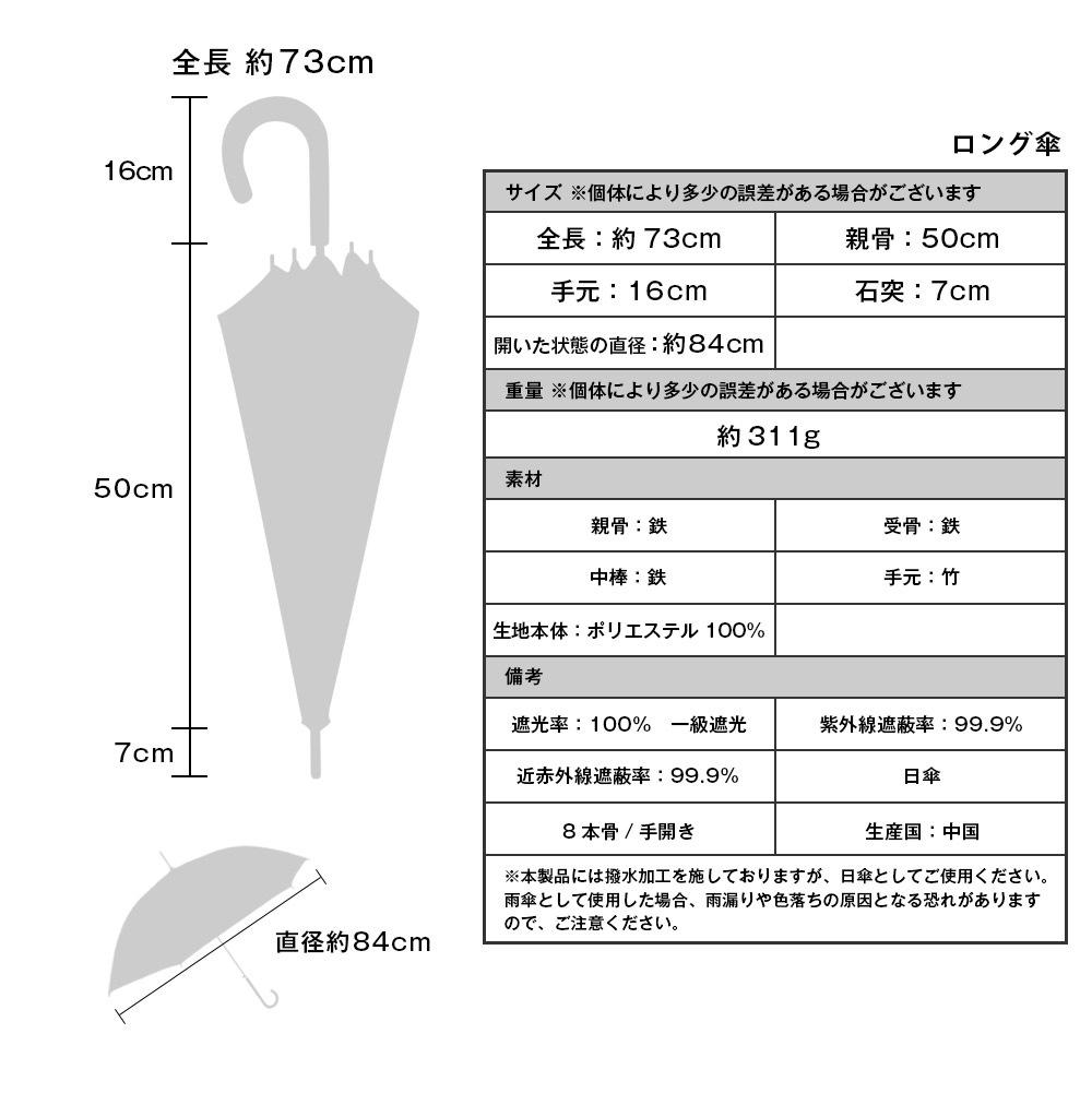 一級遮光 二重レースダマスク柄長傘  日傘/晴雨兼用傘 竹製ハンドル バンブーハンドル NK3L7446 親骨50cm